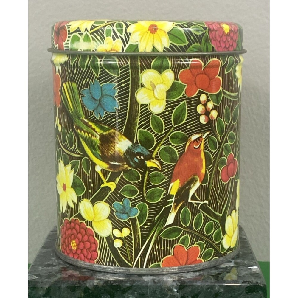 Vtg Tea Tin Canister with Lid Birds and Flowers Candy Gift Container